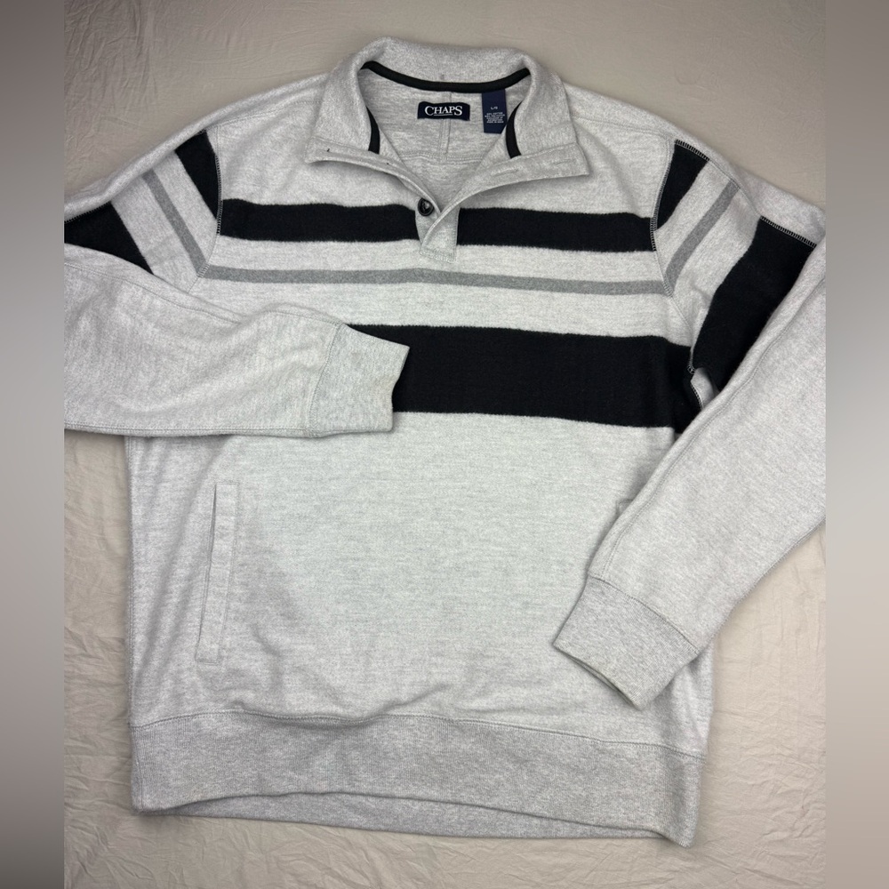 Chaps Men's Light Gray and Black Striped Zip Up Sweater